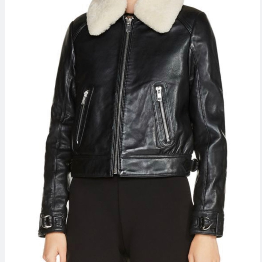 WOMAN BAKARD SHEARLING-TRIMMED PEBBLED-LEATHER BOMBER JACKET BLACK